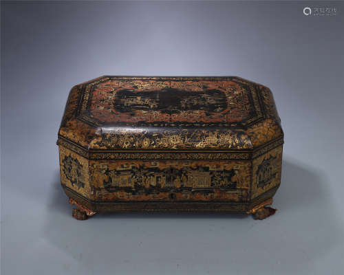 JAPANESE BLACK LACQUER GOLD PAINTED LIDDED BOX WITH SCHOLAR'S OBJECT