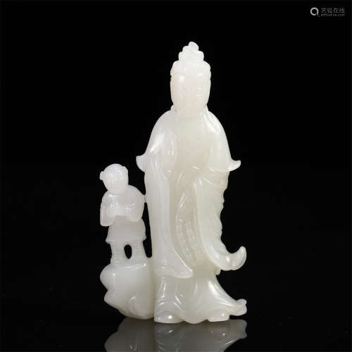 CHINESE WHITE JADE STANDING GUANYIN WITH BOY TABLE ITEM