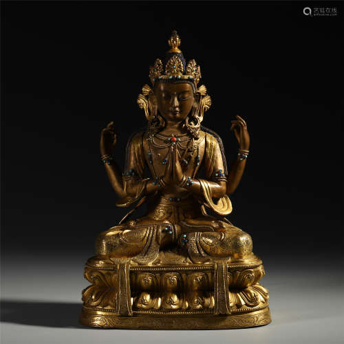 CHINESE GEM STONE INLAID GILT BRONZE SEATED GUANYIN