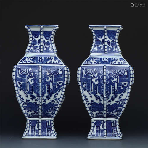 PAIR OF CHINESE PORCELAIN BLUE AND WHITE BEAST SQUARE VASE