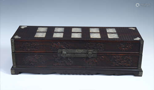 CHINESE JADE PLAQUE INLAID HARDWOOD ZITAN SCHOLAR'S BOX