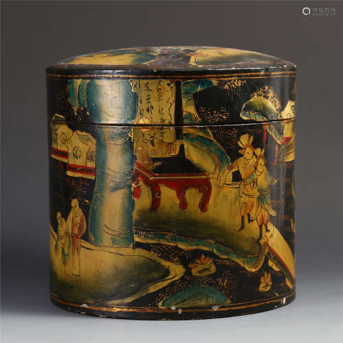 CHINESE BLACK LACQUER GOLD PAINTED FIGURES LIDDED JAR