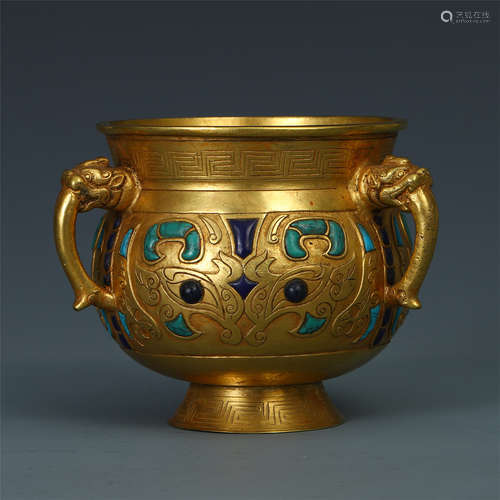 CHINESE GEM STONE INLAID GILT BRONZE BEAST HANDLE ROUND CENSER