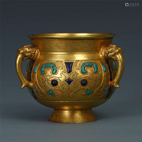 CHINESE GEM STONE INLAID GILT BRONZE BEAST HANDLE ROUND CENSER