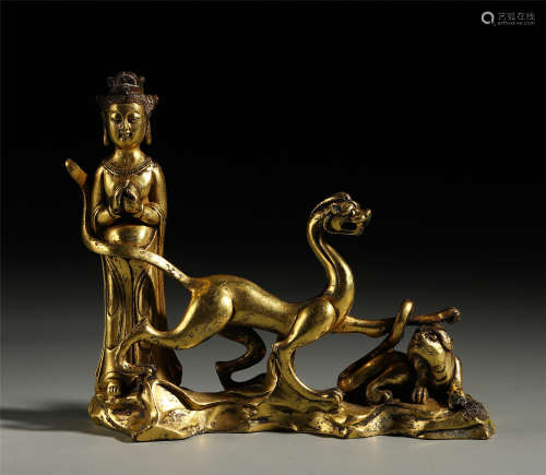 CHINESE GILT BRONZE STANDING GUANYIN WITH BEAST TABLE ITEM