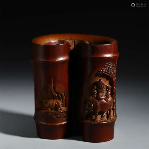 CHINESE BAMBOO CRAVED BOY AND OX SCHOLAR'S ARM REST