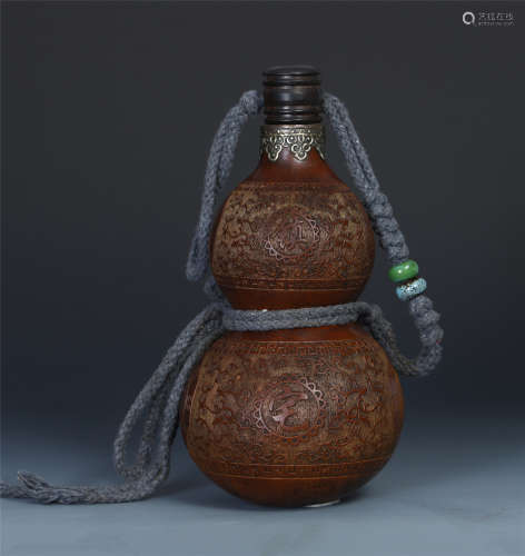 CHINESE SILVER MOUNTED WOOD DOUBLE GOURD VASE