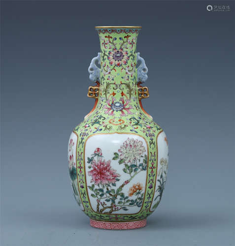 CHINESE PORCELAIN YELLOW GLAZE FAMILLE ROSE FLOWER AND BIRD VASE