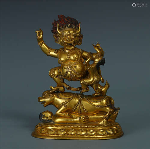 TIBETAN GILT BRONZE STANDING SAMANTAKA ON BEAST