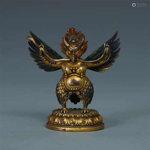 TIBETAN GILT BRONZE STANDING BUDDHIST GUARDIAN