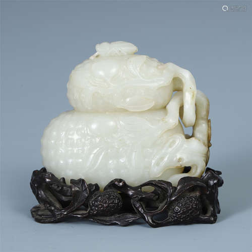 CHINESE WHITE JADE MELON SHAPED INCENSE CAGE ON ROSEWOOD BASE