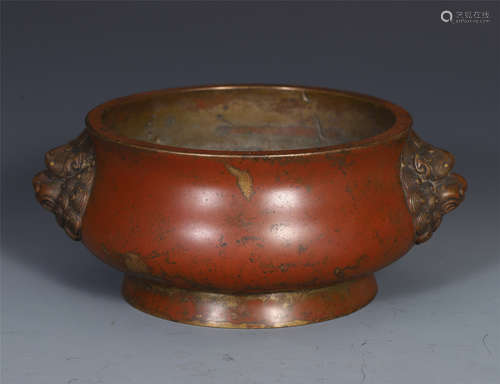 CHINESE RED BRONZE LION HEAD HANDLE ROUND CENSER