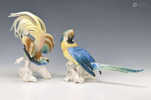 2 figurines, Ens Volkstedt, 1930s, parrot and Paradies