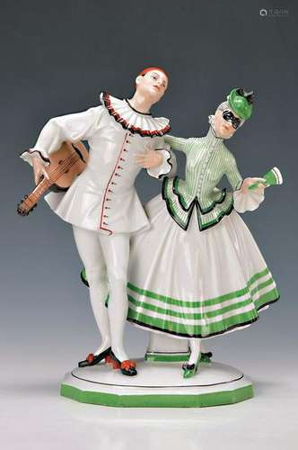 Large figurine, Fraureuth, 1920s, Pierrot and Columbine