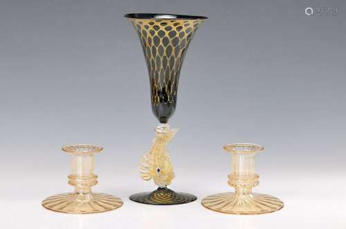 vase and two Candlesticks, Murano Italy, 20th c., blown