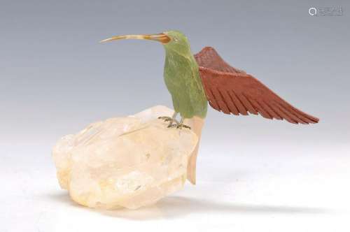 Sculpture of an hummingbird, nephrite cut, metal