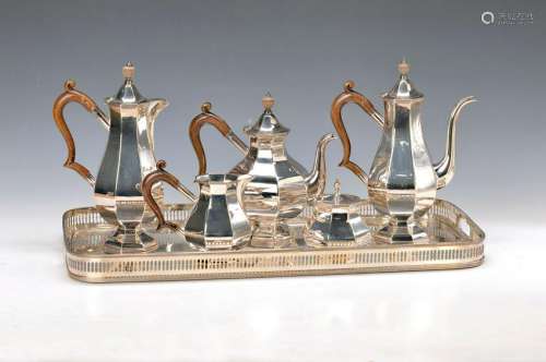 coffee and tea set on tray, around 1910-20, silver