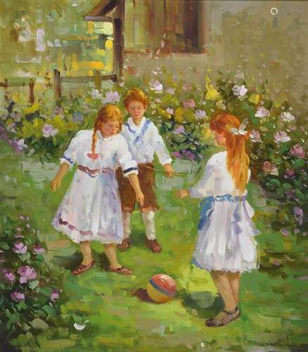 Hamid Mehrnia, b. 1942, children in the garden, oil