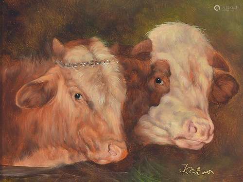 Wolfgang Kaiser, b. 1941, young bulls, oil / wood,