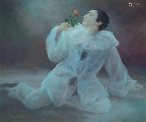 Miloslava Vrbova, 1909-1991, Pierrot with rose, oil /