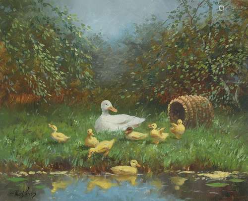 Marc Lamers, b. 1960, family of ducks on the bank of