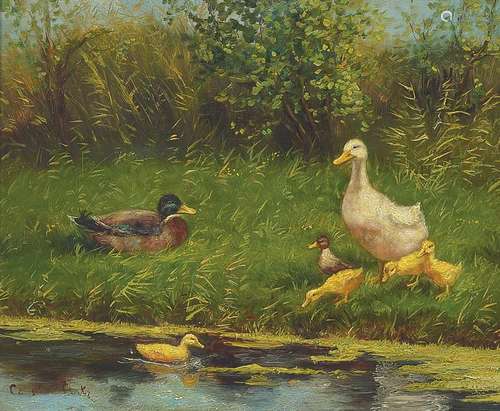 Constant Artz, 1870-1951, ducks on the bank ofthe pond