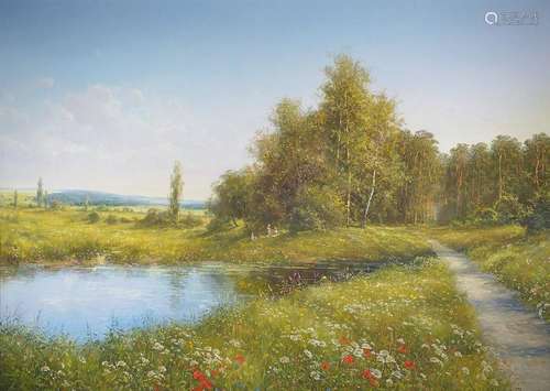 Detlef Rahn, b. 1943, wide summer landscape with