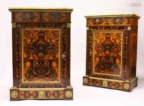 A GOOD PAIR OF 19TH CENTURY MARQUETRY PIER CABINETS,
