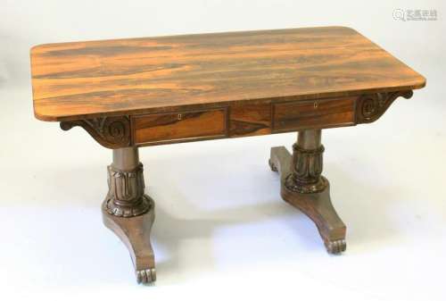 A GOOD REGENCY ROSEWOOD LIBRARY TABLE, with rounded
