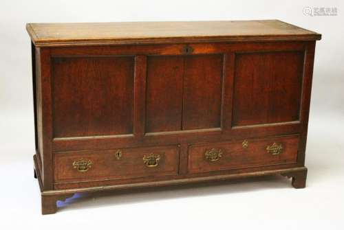 A 19TH CENTURY OAK COFFER BACK, with a plain plank top,