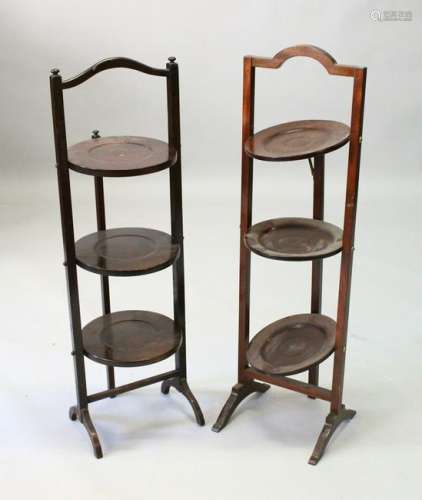 TWO MAHOGANY THREE-TIER FOLDING CAKE STANDS.