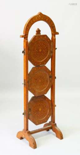 AN EASTERN INLAID HARDWOOD THREE-TIER CAKE STAND.