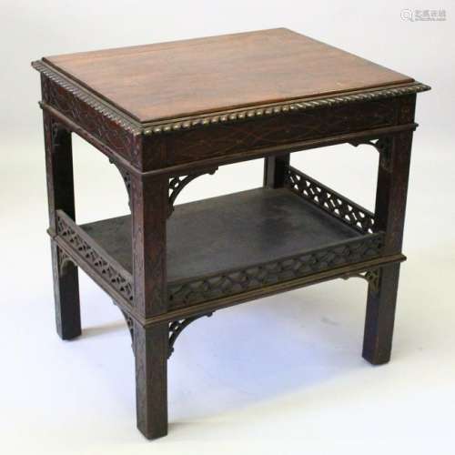 A CHIPPENDALE REVIVAL TWO-TIER MAHOGANY TABLE, with