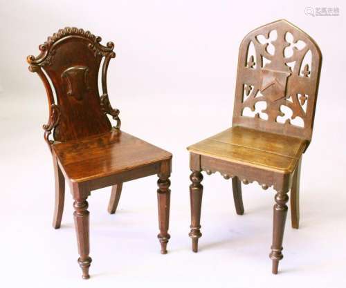 TWO VICTORIAN OAK HALL CHAIRS.