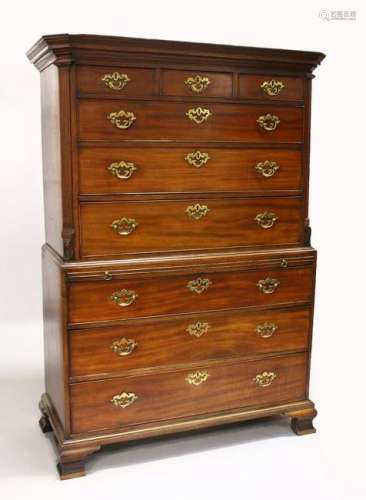 A GEORGE III MAHOGANY CHEST ON CHEST, with moulded