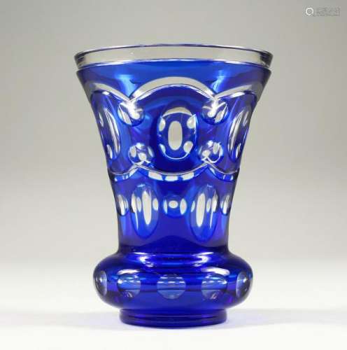 A BOHEMIAN BLUE TINTED THISTLE SHAPED BEAKER-VASE with