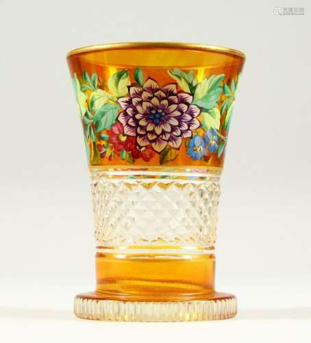 A BOHEMIAN HOBNAIL CUT BEAKER, painted with a band of