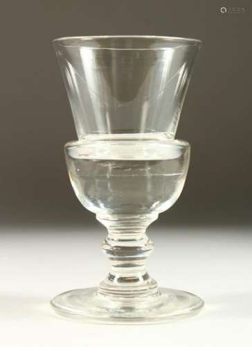 A GOOD TRUMPET SHAPED PLAIN GLASS on a large circular