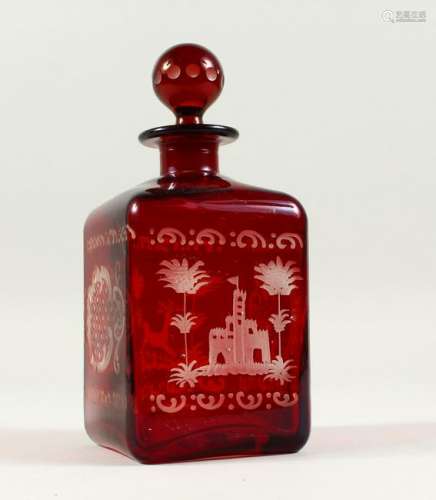 A BOHEMIAN SQUARE SHAPE RUBY GLASS DECANTER, engraved