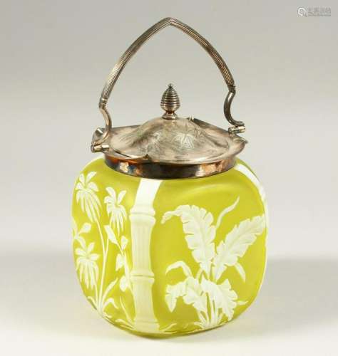 A GOOD YELLOW CAMEO GLASS BISCUIT BARREL, with plated
