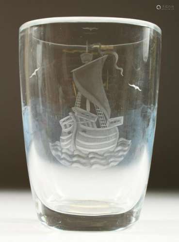 AN ORREFORS GLASS VASE, engraved with a galleon.  18cms