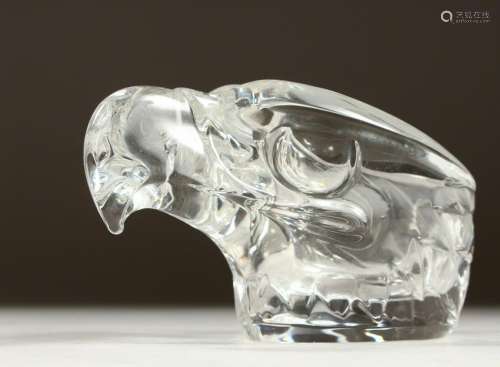 A MOULDED GLASS EAGLE HEAD SHAPED DISH, signed.  17cms