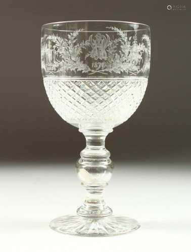 A SUPERB ETCHED GOBLET, with crests and dated 1877, the