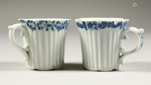 TWO WORCESTER BLUE AND WHITE REEDED COFFEE CUPS, Circa.