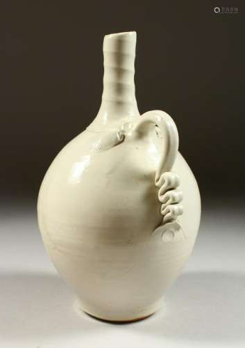 A STUDIO POTTERY BOTTLE, with ribbed neck, moulded