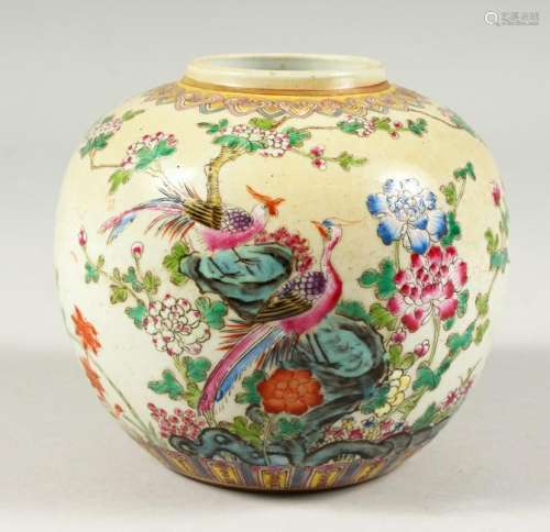 A SMALL GINGER JAR, decorated with birds and flowers