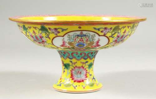 A FAMILLE JAUNE PEDESTAL BOWL, painted with flowers and