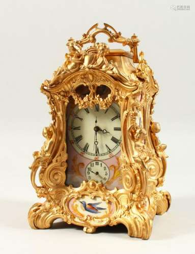 A SEVRES STYLE ORMOLU CARRIAGE CLOCK, with pink