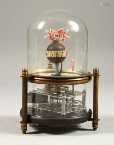 AN UNUSUAL AUTOMATON FISH CLOCK, under a glass dome,