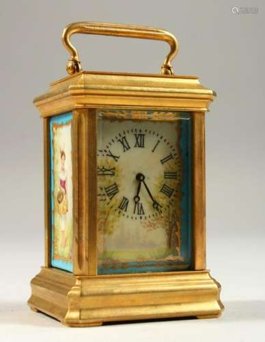 A MINIATURE SEVRES STYLE CARRIAGE CLOCK.  8cms high.